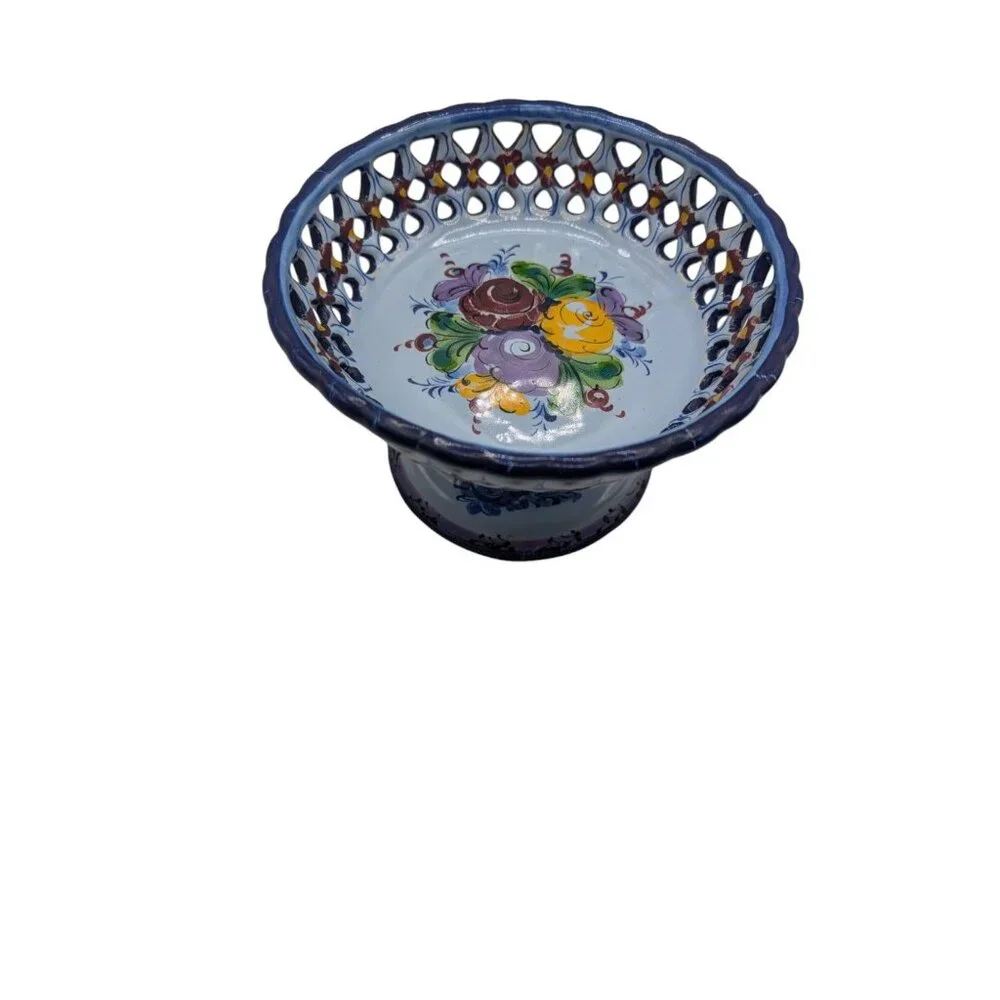 Handpainted Portugal Pottery Open Candy/Footed Compote/Footed Bowl READ